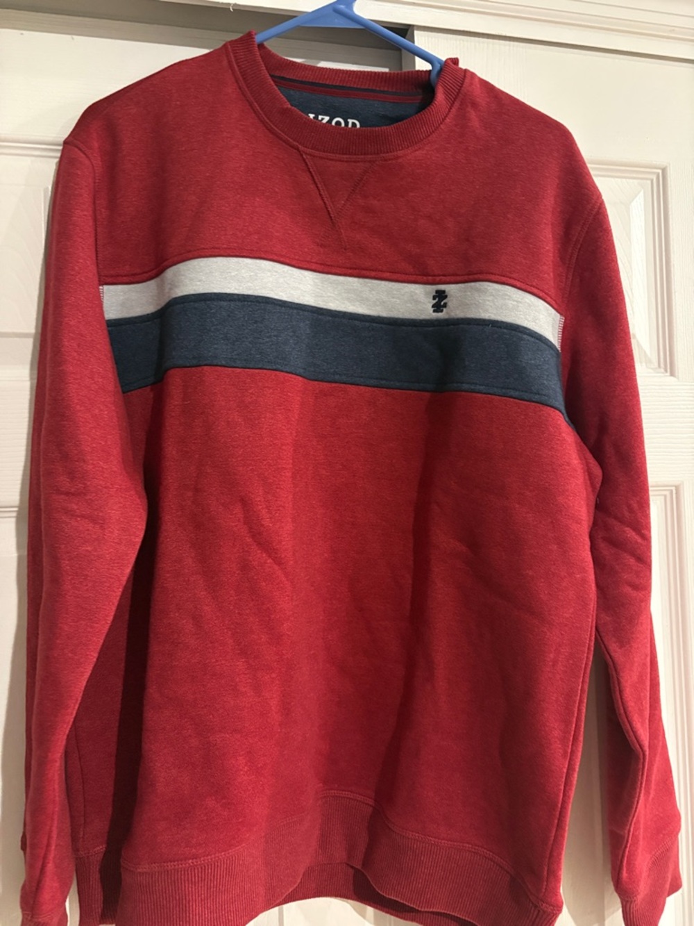 Izod Red Crewneck Sweatshirt with Navy and Light Gray Stripes